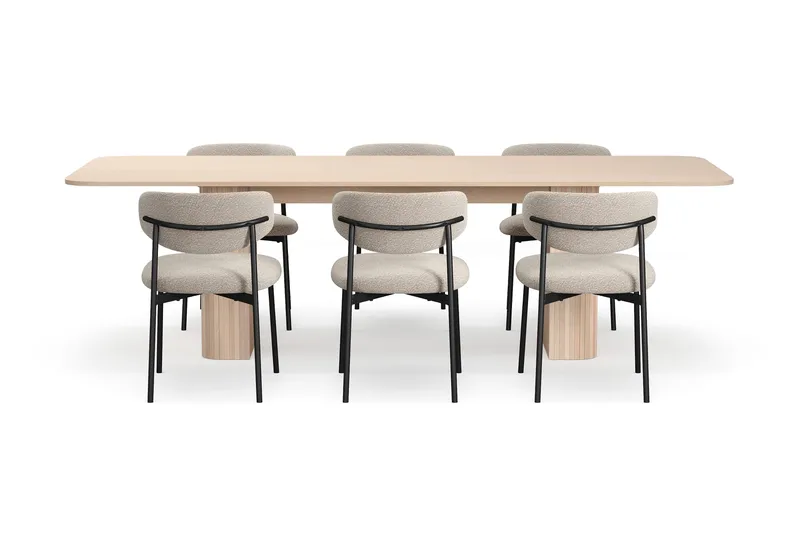 Kopparbo Ruokapöytä 200-260 cm Jatkettava lisälevyllä 6 Lucy Ruokatuolilla - Valkoinen / Greige Bouclé / Metallijalat Musta - Huonekalut - Pöytä & ruokailuryhmä - Ruokailuryhmä