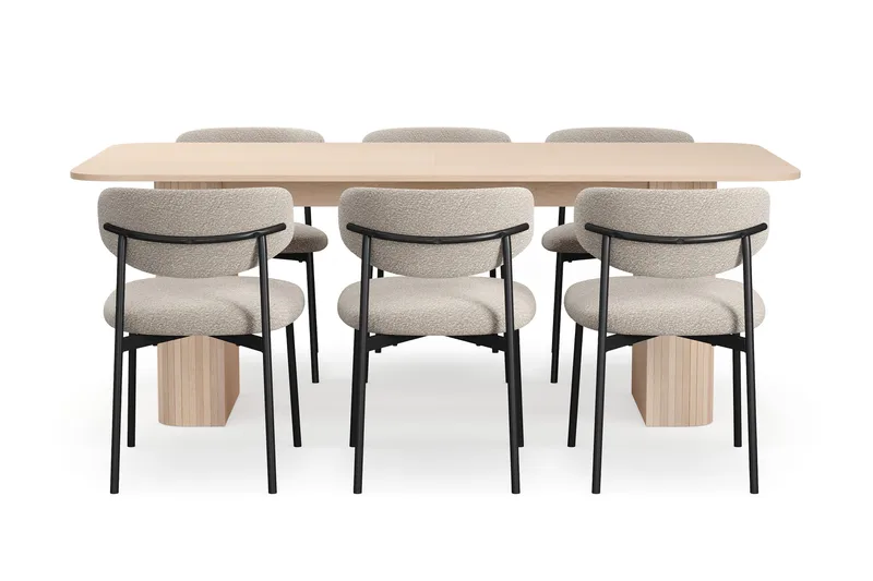 Kopparbo Ruokapöytä 200-260 cm Jatkettava lisälevyllä 6 Lucy Ruokatuolilla - Valkoinen / Greige Bouclé / Metallijalat Musta - Huonekalut - Pöytä & ruokailuryhmä - Ruokailuryhmä