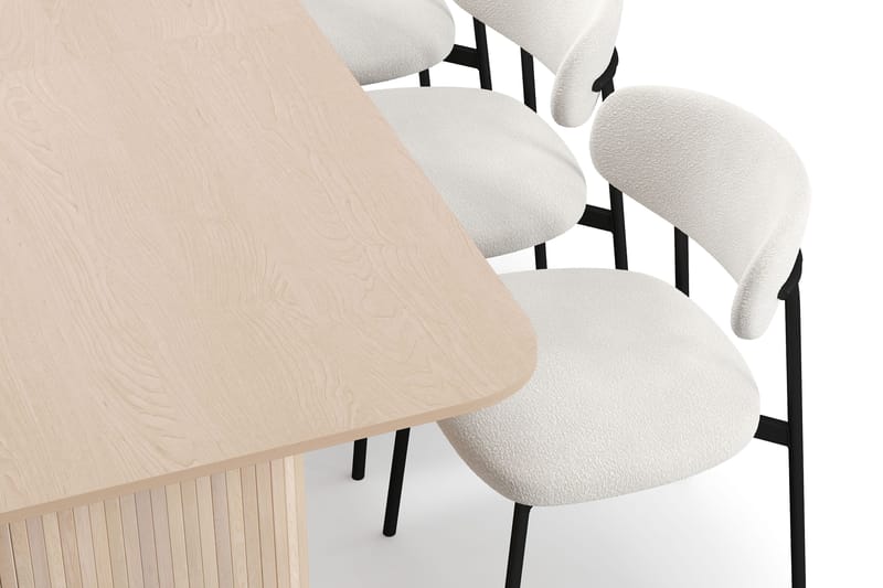 Kopparbo Ruokapöytä 200-260 cm Jatkettava lisälevyllä 6 Lucy Ruokatuolilla - Valkoinen / Valkoinen Bouclé / Metallijalat Musta - Huonekalut - Pöytä & ruokailuryhmä - Ruokailuryhmä