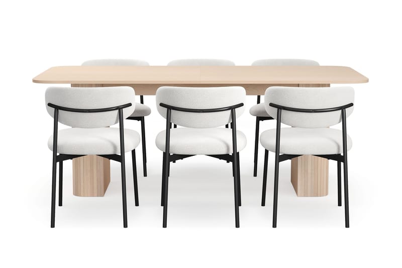 Kopparbo Ruokapöytä 200-260 cm Jatkettava lisälevyllä 6 Lucy Ruokatuolilla - Valkoinen / Valkoinen Bouclé / Metallijalat Musta - Huonekalut - Pöytä & ruokailuryhmä - Ruokailuryhmä