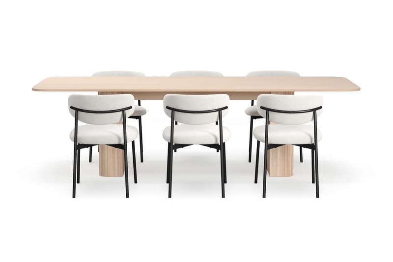 Kopparbo Ruokapöytä 200-260 cm Jatkettava lisälevyllä 6 Lucy Ruokatuolilla - Valkoinen / Valkoinen Bouclé / Metallijalat Musta - Huonekalut - Pöytä & ruokailuryhmä - Ruokailuryhmä