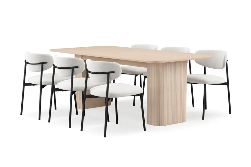 Kopparbo Ruokapöytä 200-260 cm Jatkettava lisälevyllä 6 Lucy Ruokatuolilla - Valkoinen / Valkoinen Bouclé / Metallijalat Musta - Huonekalut - Pöytä & ruokailuryhmä - Ruokailuryhmä