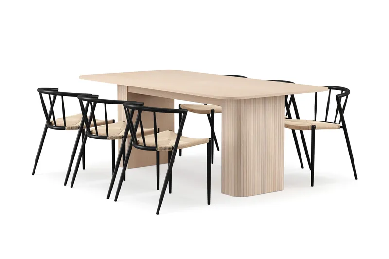 Kopparbo Ruokapöytä 200-260 cm Jatkettava lisälevyllä 6 Winston Ruokatuolilla, Valkoinen / Beige / Metallijalat Musta