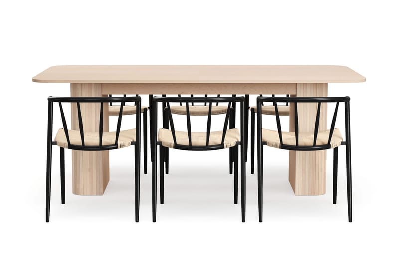 Kopparbo Ruokapöytä 200-260 cm Jatkettava lisälevyllä 6 Winston Ruokatuolilla - Valkoinen / Beige / Metallijalat Musta - Huonekalut - Pöytä & ruokailuryhmä - Ruokailuryhmä