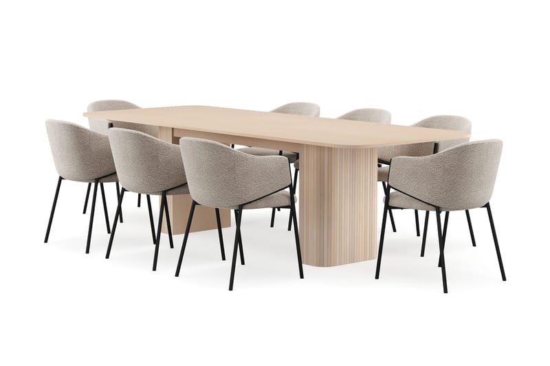 Kopparbo Ruokapöytä 200-260 cm Jatkettava lisälevyllä 8 Filip Ruokatuolilla, Valkoinen / Taupe Bouclé