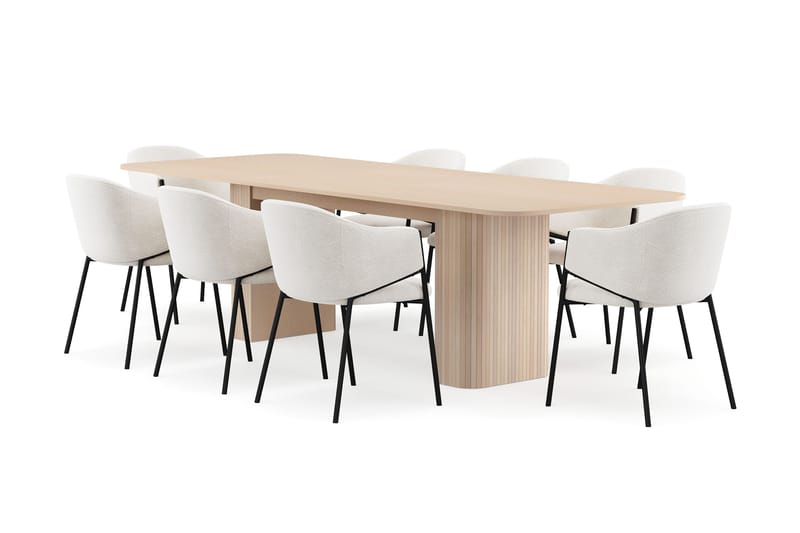 Kopparbo Ruokapöytä 200-260 cm Jatkettava lisälevyllä 8 Filip Ruokatuolilla, Valkoinen / Valkoinen Bouclé