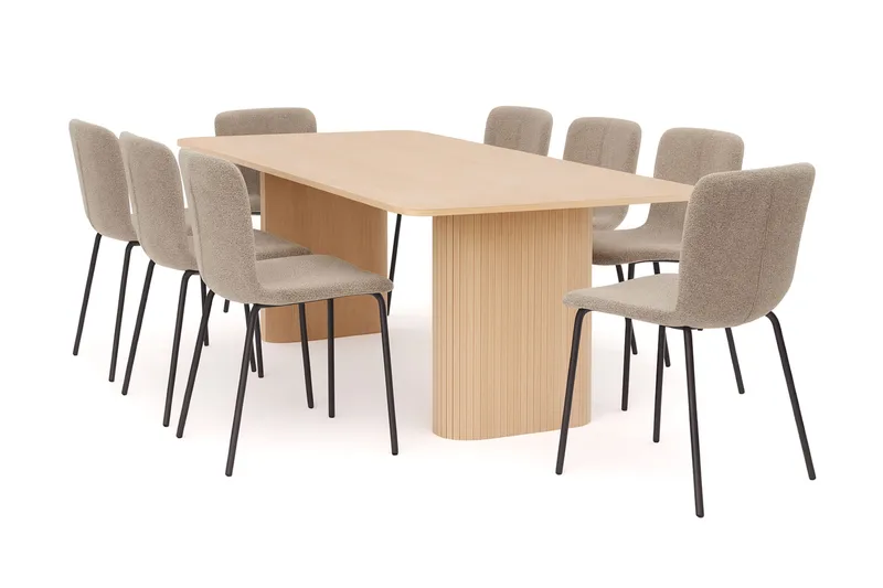 Kopparbo Ruokapöytä 200-260 cm Jatkettava lisälevyllä 8 Katy Ruokatuolilla, Valkoinen / Greige Bouclé / Metallijalat Musta