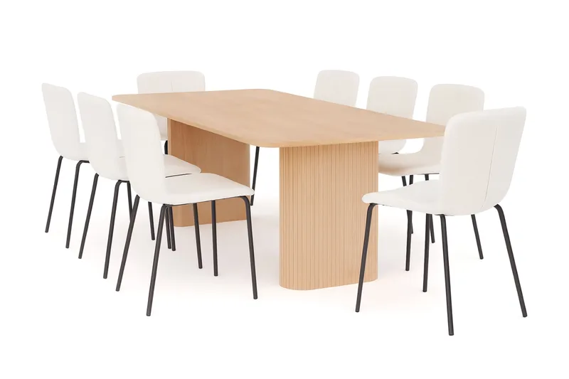 Kopparbo Ruokapöytä 200-260 cm Jatkettava lisälevyllä 8 Katy Ruokatuolilla, Valkoinen / Valkoinen Bouclé / Metallijalat Musta