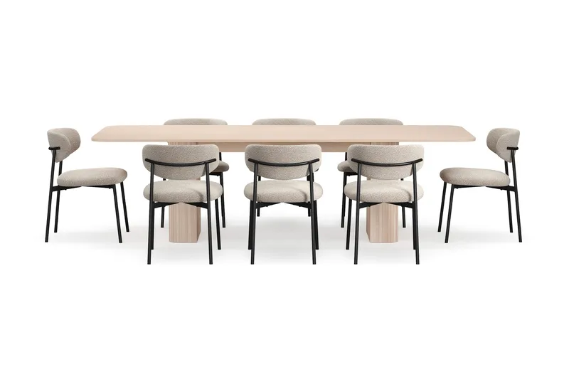 Kopparbo Ruokapöytä 200-260 cm Jatkettava lisälevyllä 8 Lucy Ruokatuolilla - Valkoinen / Greige Bouclé / Metallijalat Musta - Huonekalut - Pöytä & ruokailuryhmä - Ruokailuryhmä