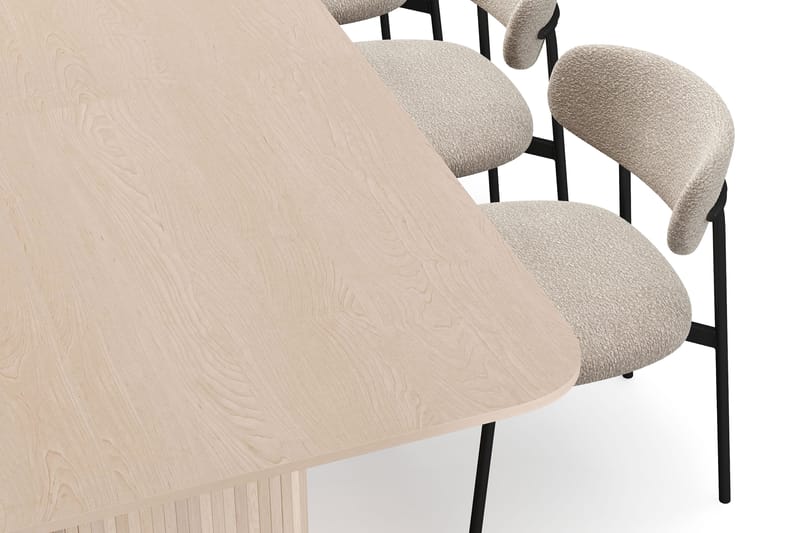 Kopparbo Ruokapöytä 200-260 cm Jatkettava lisälevyllä 8 Lucy Ruokatuolilla - Valkoinen / Greige Bouclé / Metallijalat Musta - Huonekalut - Pöytä & ruokailuryhmä - Ruokailuryhmä