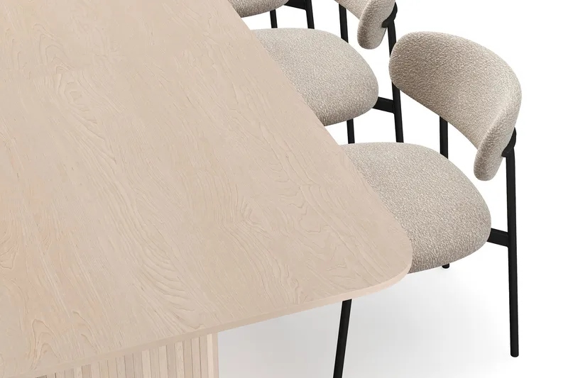 Kopparbo Ruokapöytä 200-260 cm Jatkettava lisälevyllä 8 Lucy Ruokatuolilla - Valkoinen / Greige Bouclé / Metallijalat Musta - Huonekalut - Pöytä & ruokailuryhmä - Ruokailuryhmä