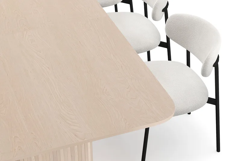 Kopparbo Ruokapöytä 200-260 cm Jatkettava lisälevyllä 8 Lucy Ruokatuolilla - Valkoinen / Valkoinen Bouclé / Metallijalat Musta - Huonekalut - Pöytä & ruokailuryhmä - Ruokailuryhmä