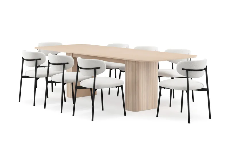 Kopparbo Ruokapöytä 200-260 cm Jatkettava lisälevyllä 8 Lucy Ruokatuolilla, Valkoinen / Valkoinen Bouclé / Metallijalat Musta