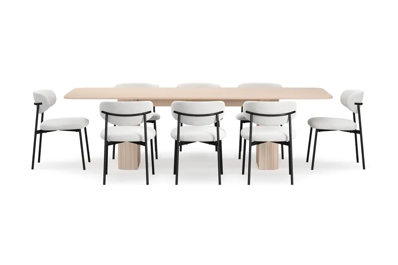 Kopparbo Ruokapöytä 200-260 cm Jatkettava lisälevyllä 8 Lucy Ruokatuolilla - Valkoinen / Valkoinen Bouclé / Metallijalat Musta - Huonekalut - Pöytä & ruokailuryhmä - Ruokailuryhmä