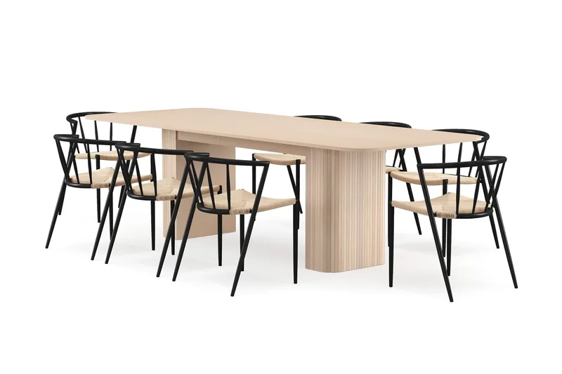 Kopparbo Ruokapöytä 200-260 cm Jatkettava lisälevyllä 8 Winston Ruokatuolilla, Valkoinen / Beige / Metallijalat Musta