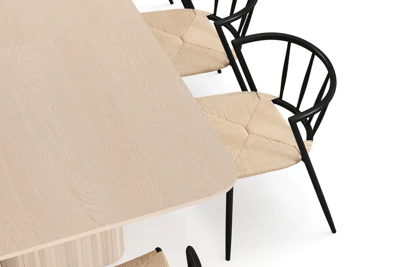 Kopparbo Ruokapöytä 200-260 cm Jatkettava lisälevyllä 8 Winston Ruokatuolilla - Valkoinen / Beige / Metallijalat Musta - Huonekalut - Pöytä & ruokailuryhmä - Ruokailuryhmä