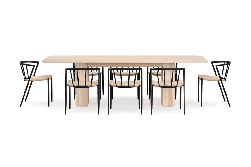 Kopparbo Ruokapöytä 200-260 cm Jatkettava lisälevyllä 8 Winston Ruokatuolilla - Valkoinen / Beige / Metallijalat Musta - Huonekalut - Pöytä & ruokailuryhmä - Ruokailuryhmä
