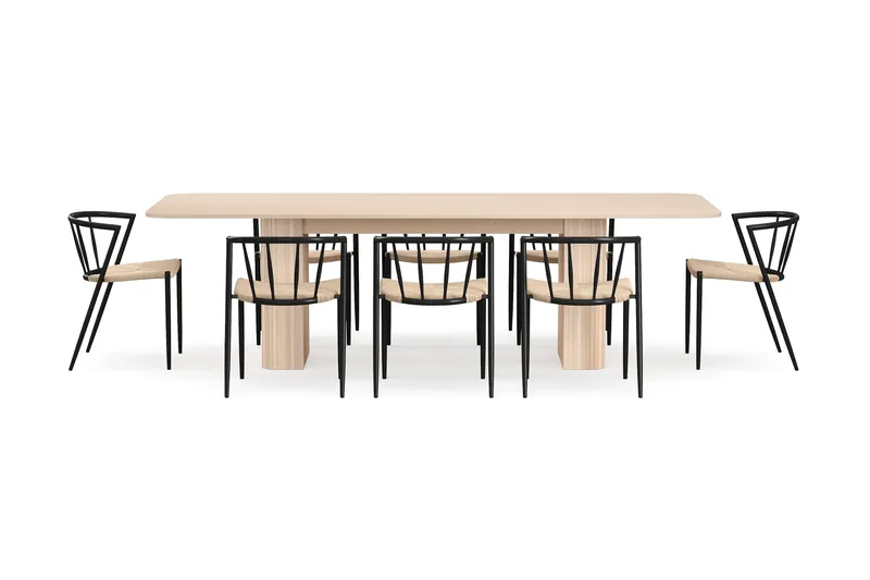 Kopparbo Ruokapöytä 200-260 cm Jatkettava lisälevyllä 8 Winston Ruokatuolilla - Valkoinen / Beige / Metallijalat Musta - Huonekalut - Pöytä & ruokailuryhmä - Ruokailuryhmä