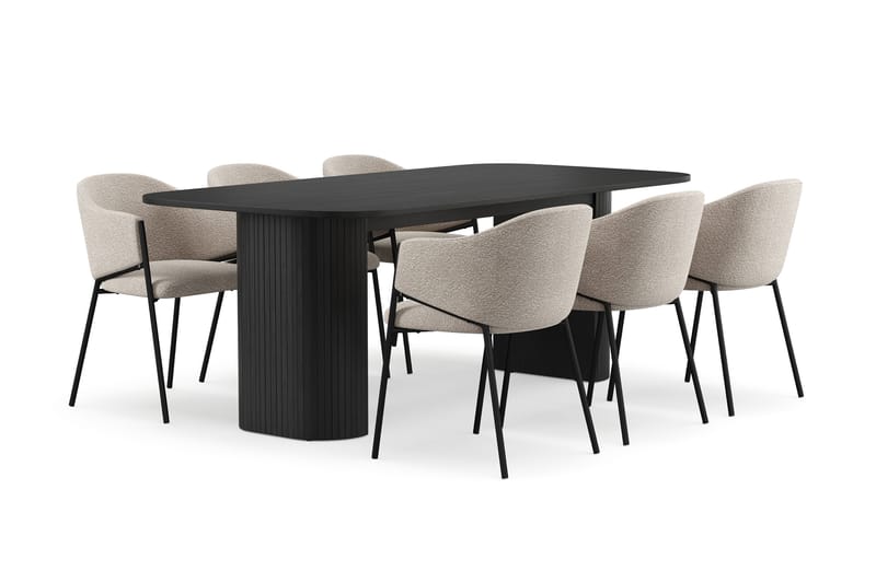 Kopparbo Ruokapöytä 200 cm 6 Filip Ruokatuolilla, Musta / Taupe Bouclé