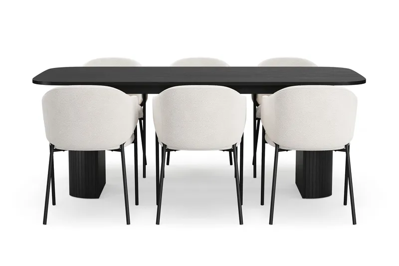 Kopparbo Ruokapöytä 200 cm 6 Filip Ruokatuolilla - Musta / Valkoinen Bouclé - Huonekalut - Pöytä & ruokailuryhmä - Ruokailuryhmä