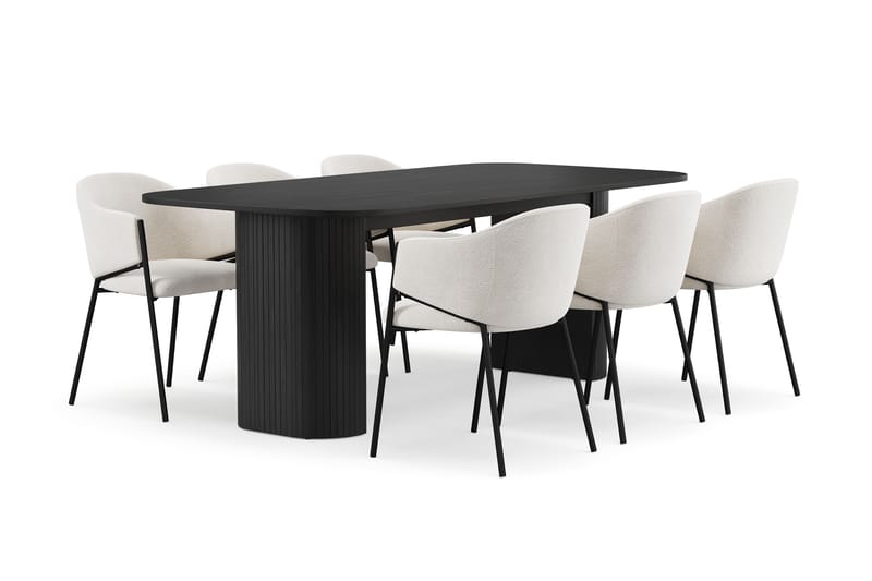 Kopparbo Ruokapöytä 200 cm 6 Filip Ruokatuolilla, Musta / Valkoinen Bouclé