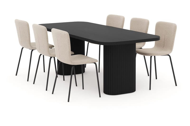 Kopparbo Ruokapöytä 200 cm 6 Katy Ruokatuolilla, Musta / Greige Bouclé / Metallijalat Musta