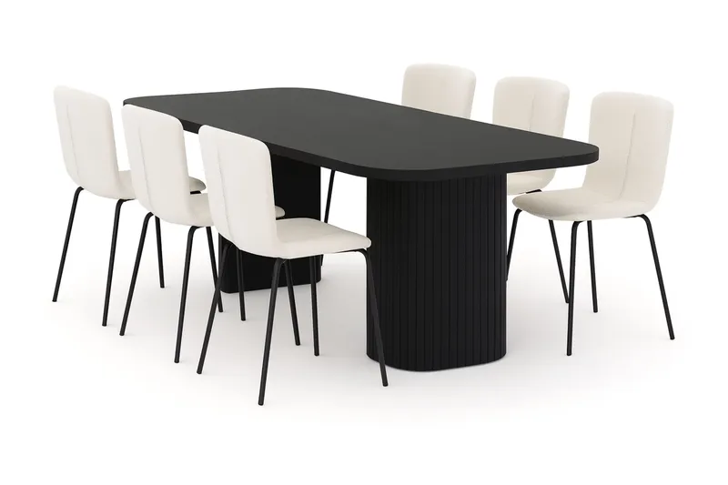 Kopparbo Ruokapöytä 200 cm 6 Katy Ruokatuolilla, Musta / Valkoinen Bouclé / Metallijalat Musta