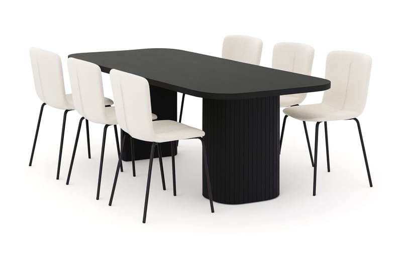 Kopparbo Ruokapöytä 200 cm 6 Katy Ruokatuolilla, Musta / Valkoinen Bouclé / Metallijalat Musta