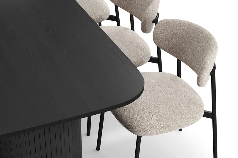 Kopparbo Ruokapöytä 200 cm 6 Lucy Ruokatuolilla - Musta / Greige Bouclé / Metallijalat Musta - Huonekalut - Pöytä & ruokailuryhmä - Ruokailuryhmä