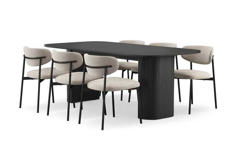 Kopparbo Ruokapöytä 200 cm 6 Lucy Ruokatuolilla, Musta / Greige Bouclé / Metallijalat Musta