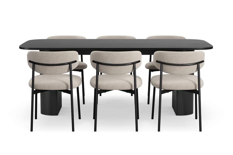 Kopparbo Ruokapöytä 200 cm 6 Lucy Ruokatuolilla - Musta / Greige Bouclé / Metallijalat Musta - Huonekalut - Pöytä & ruokailuryhmä - Ruokailuryhmä