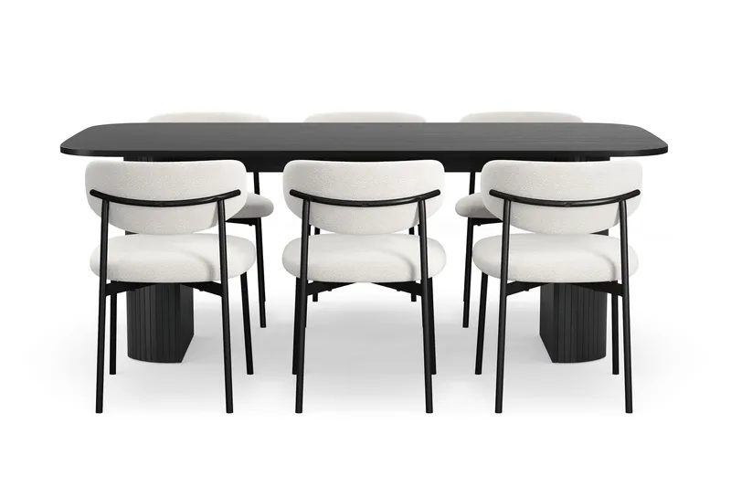 Kopparbo Ruokapöytä 200 cm 6 Lucy Ruokatuolilla - Musta / Valkoinen Bouclé / Metallijalat Musta - Huonekalut - Pöytä & ruokailuryhmä - Ruokailuryhmä