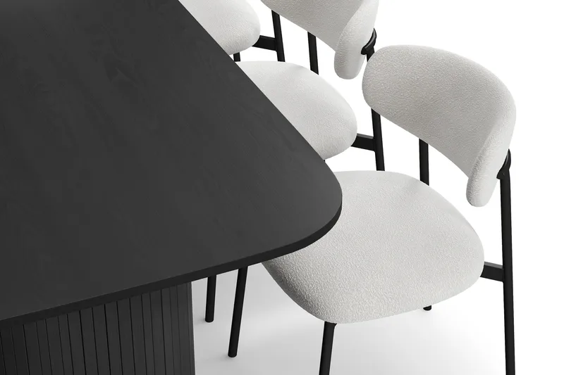 Kopparbo Ruokapöytä 200 cm 6 Lucy Ruokatuolilla - Musta / Valkoinen Bouclé / Metallijalat Musta - Huonekalut - Pöytä & ruokailuryhmä - Ruokailuryhmä