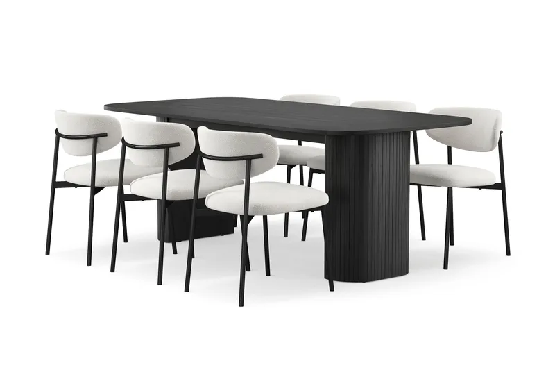 Kopparbo Ruokapöytä 200 cm 6 Lucy Ruokatuolilla, Musta / Valkoinen Bouclé / Metallijalat Musta