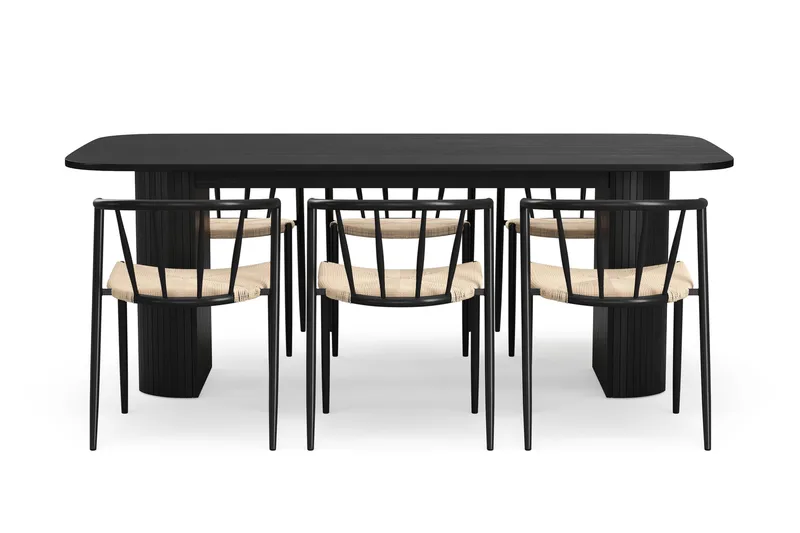 Kopparbo Ruokapöytä 200 cm 6 Winston Ruokatuolilla - Musta / Beige / Metallijalat Musta - Huonekalut - Pöytä & ruokailuryhmä - Ruokailuryhmä