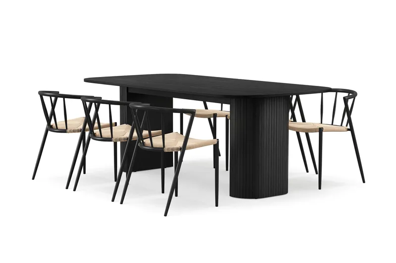 Kopparbo Ruokapöytä 200 cm 6 Winston Ruokatuolilla, Musta / Beige / Metallijalat Musta