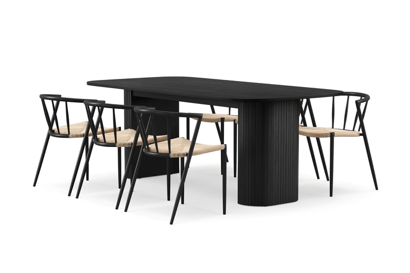 Kopparbo Ruokapöytä 200 cm 6 Winston Ruokatuolilla, Musta / Beige / Metallijalat Musta