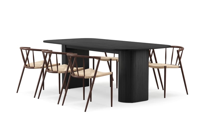 Kopparbo Ruokapöytä 200 cm 6 Winston Ruokatuolilla, Musta / Beige / Metallijalat Savutammi