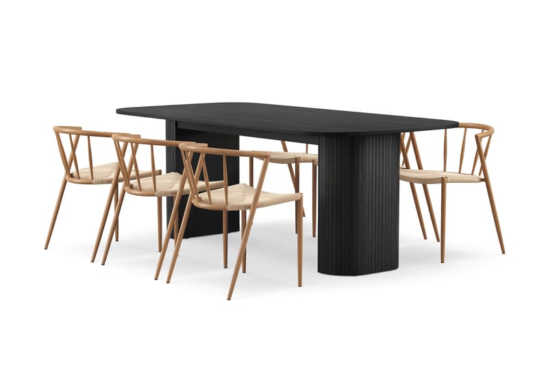 Kopparbo Ruokapöytä 200 cm 6 Winston Ruokatuolilla, Musta / Beige / Metallijalat Tammi