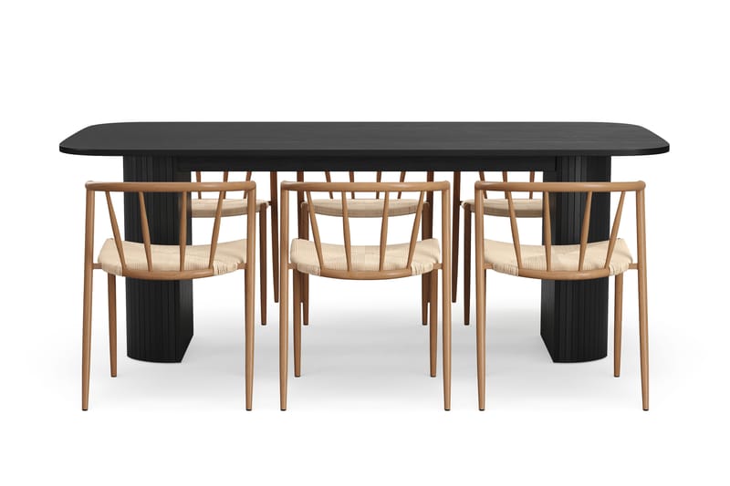 Kopparbo Ruokapöytä 200 cm 6 Winston Ruokatuolilla - Musta / Beige / Metallijalat Tammi - Huonekalut - Pöytä & ruokailuryhmä - Ruokailuryhmä