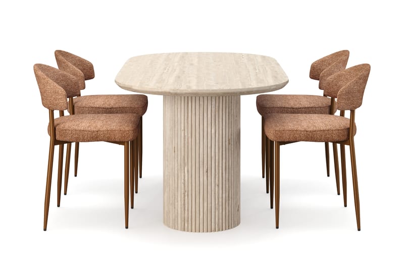 Kopparbo Ruokapöytä Travertiinin näköinen ja 4 kpl Jairam Tuolia - Beige - Huonekalut - Pöytä & ruokailuryhmä - Ruokailuryhmä