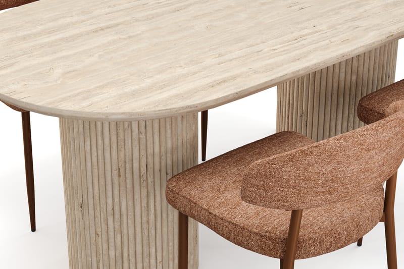 Kopparbo Ruokapöytä Travertiinin näköinen ja 4 kpl Jairam Tuolia - Beige - Huonekalut - Pöytä & ruokailuryhmä - Ruokailuryhmä