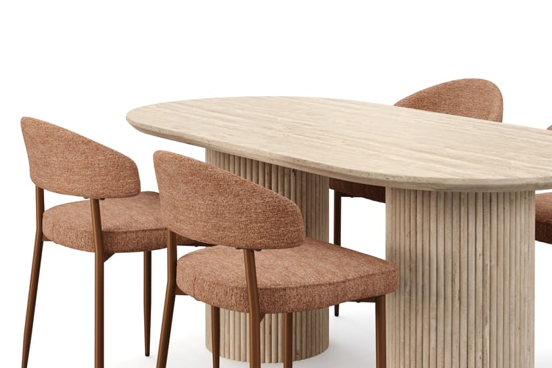 Kopparbo Ruokapöytä Travertiinin näköinen ja 4 kpl Jairam Tuolia - Beige - Huonekalut - Pöytä & ruokailuryhmä - Ruokailuryhmä