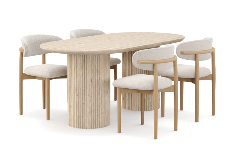 Kopparbo Ruokapöytä Travertiinin näköinen ja 4 kpl Jaiveer Tuolia - Beige - Huonekalut - Pöytä & ruokailuryhmä - Ruokailuryhmä