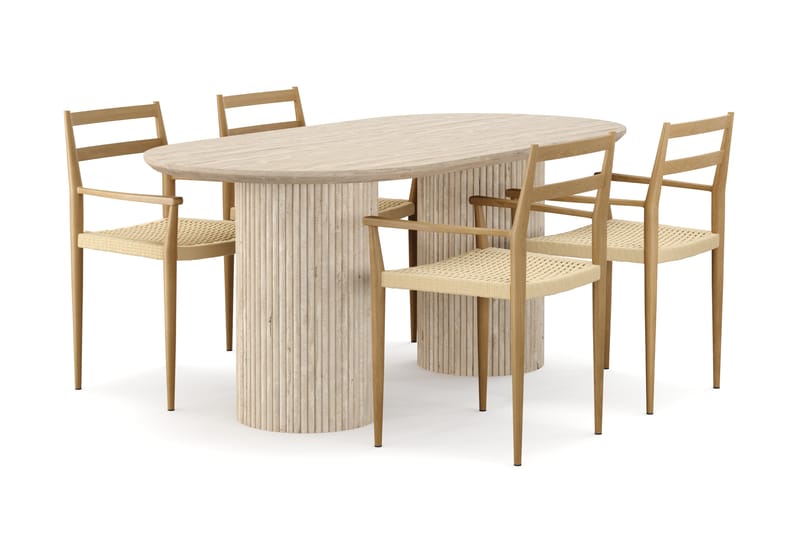 Kopparbo Ruokapöytä Travertiinin näköinen ja 4 kpl Jamna Käsinojatuolia - Beige - Huonekalut - Pöytä & ruokailuryhmä - Ruokailuryhmä