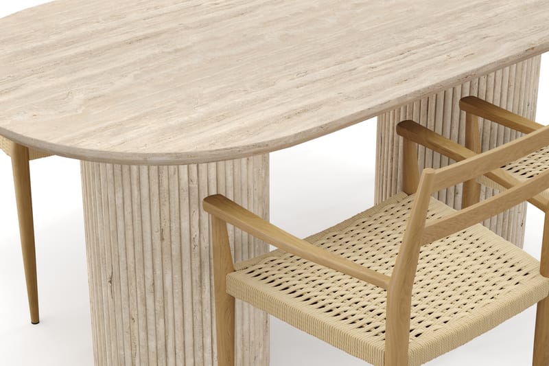 Kopparbo Ruokapöytä Travertiinin näköinen ja 4 kpl Jamna Käsinojatuolia - Beige - Huonekalut - Pöytä & ruokailuryhmä - Ruokailuryhmä