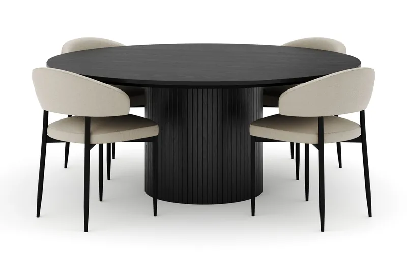 Kopparbo Suuri Pyöreä Ruokapöytä 180 cm ja 4 Sawako Tuolia, Musta