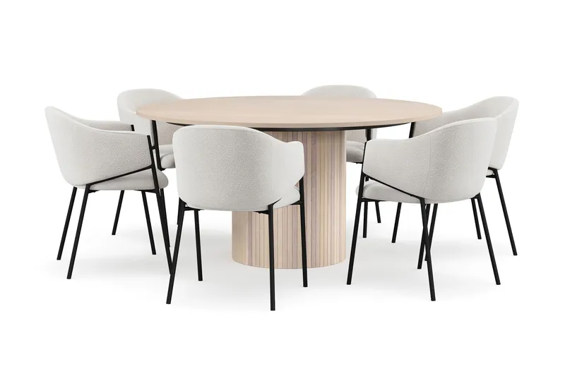 Kopparbo Pyöreä Ruokapöytä 150 cm 6 Filip Ruokatuolilla, Valkoinen / Valkoinen Bouclé