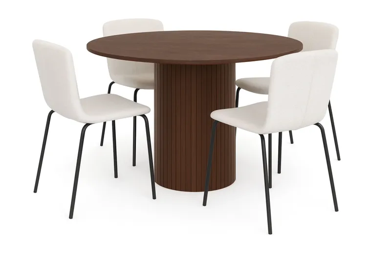 Kopparbo Pyöreä Ruokapöytä 120 cm 4 Katy Ruokatuolilla, Tummanruskea / Valkoinen Bouclé / Metallijalat Musta