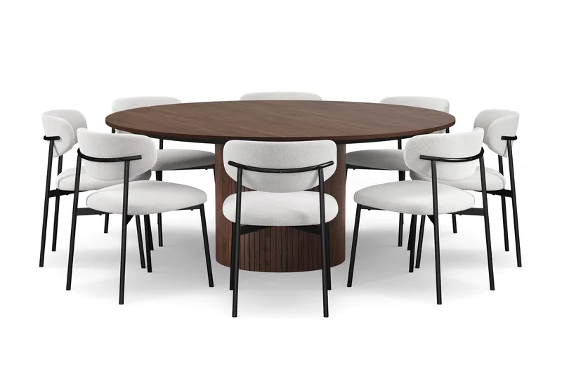 Kopparbo Pyöreä Ruokapöytä 180 cm 8 Lucy Ruokatuolilla, Pähkinä / Greige Bouclé / Metallijalat Musta